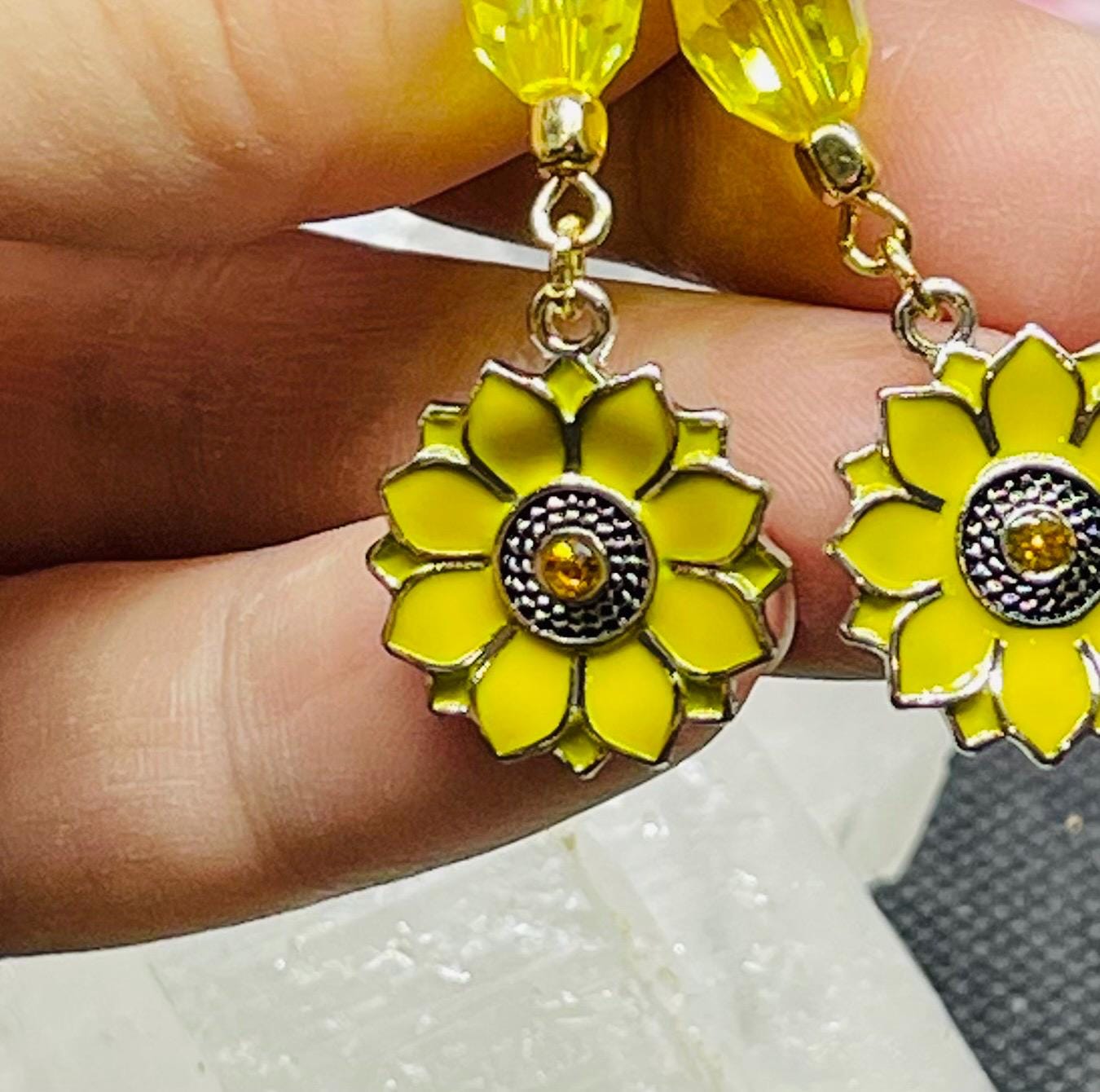 Sunflower Yellow Earrings with Crystals and Bead Accents Jewelry Gift Goldtone
