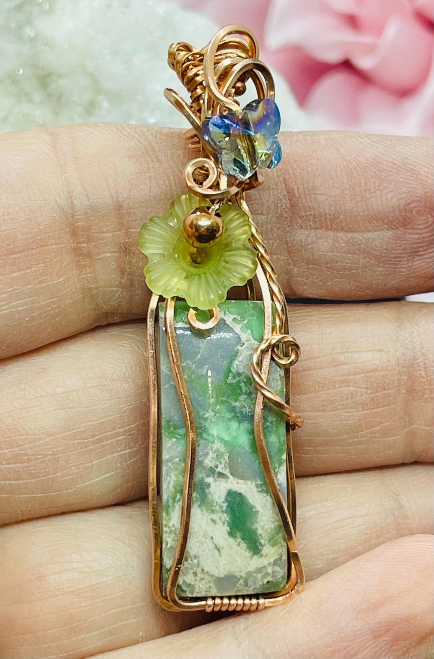 Green Variscite Flower & Crystal Butterfly Pendant Wire Wrapped in Copper Spring Jewelry Necklace Gift