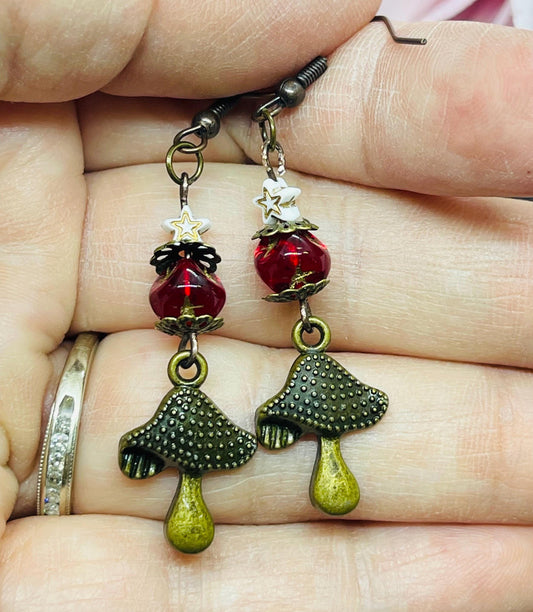 Mushroom Earrings with Stars and Red Crystal Accents in Bronze Jewelry Gift