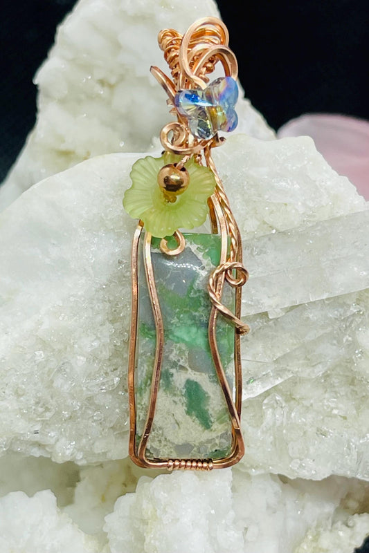 Green Variscite Flower & Crystal Butterfly Pendant Wire Wrapped in Copper Spring Jewelry Necklace Gift