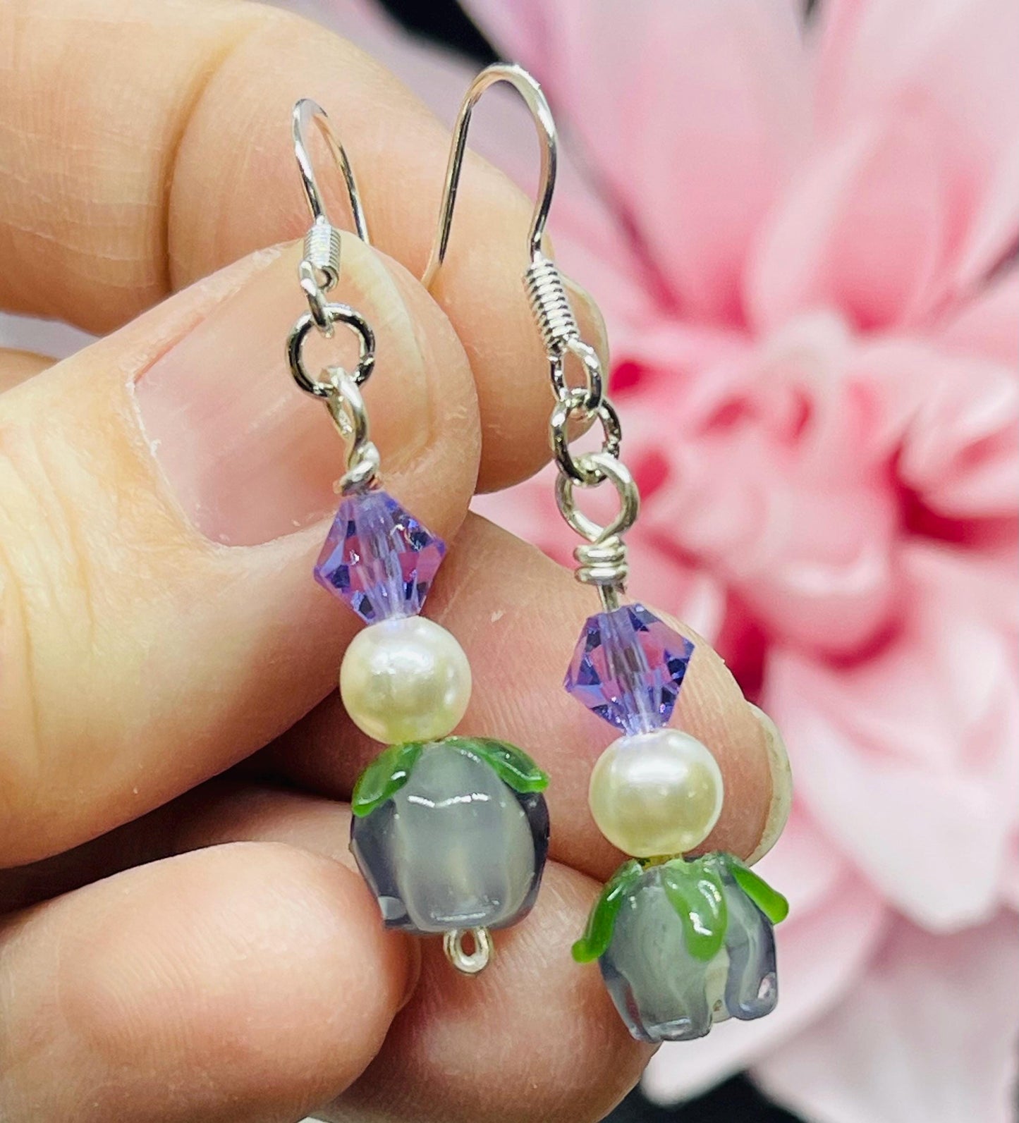 Tulip & Pearl Earrings with Purple Crystals in Silver Tone Jewelry Gift