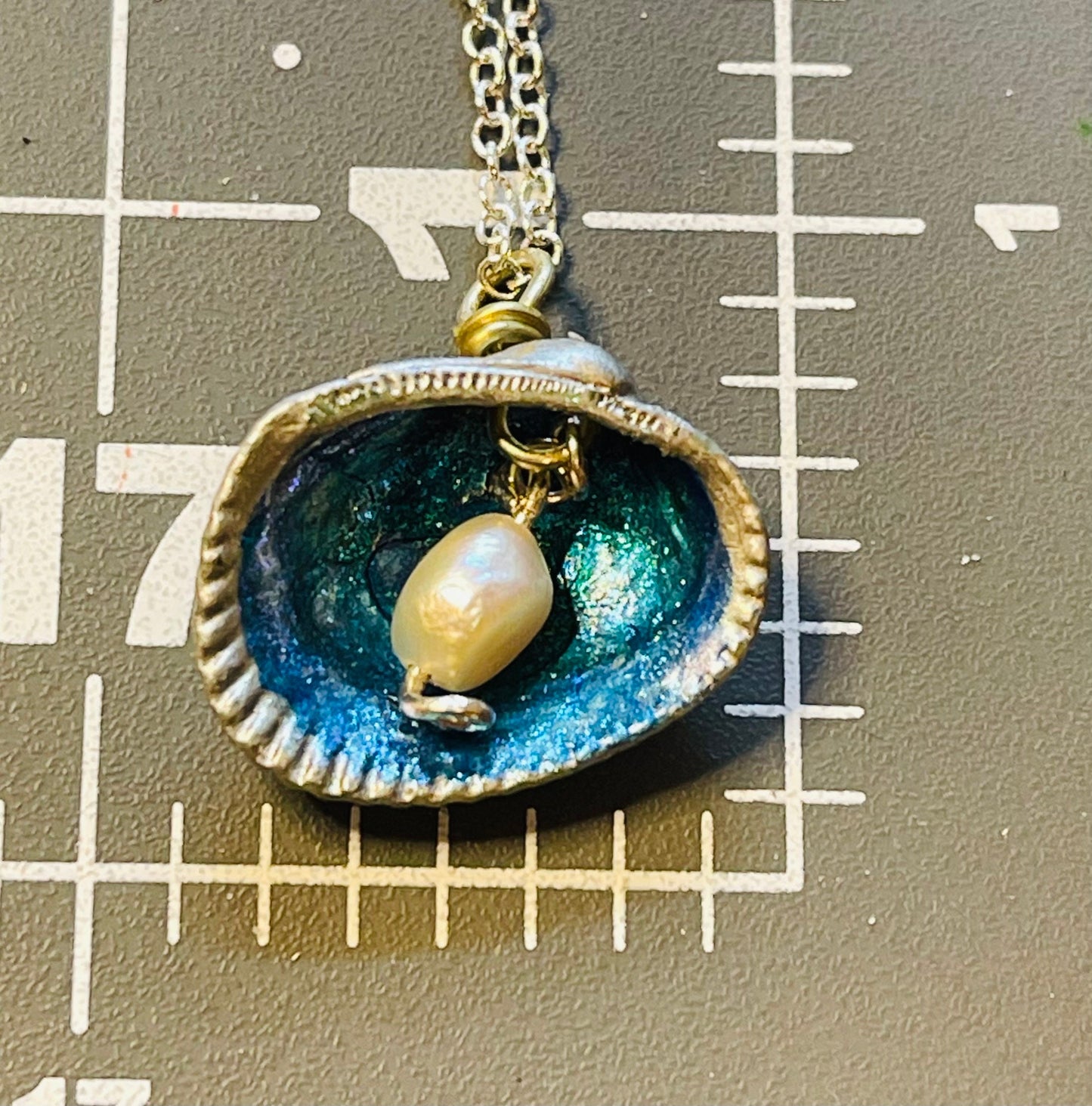 Handmade Shell Necklace w Dragonfly Glaze & Blue Paint on 18 inch chain Featuring a Freshwater Pearl