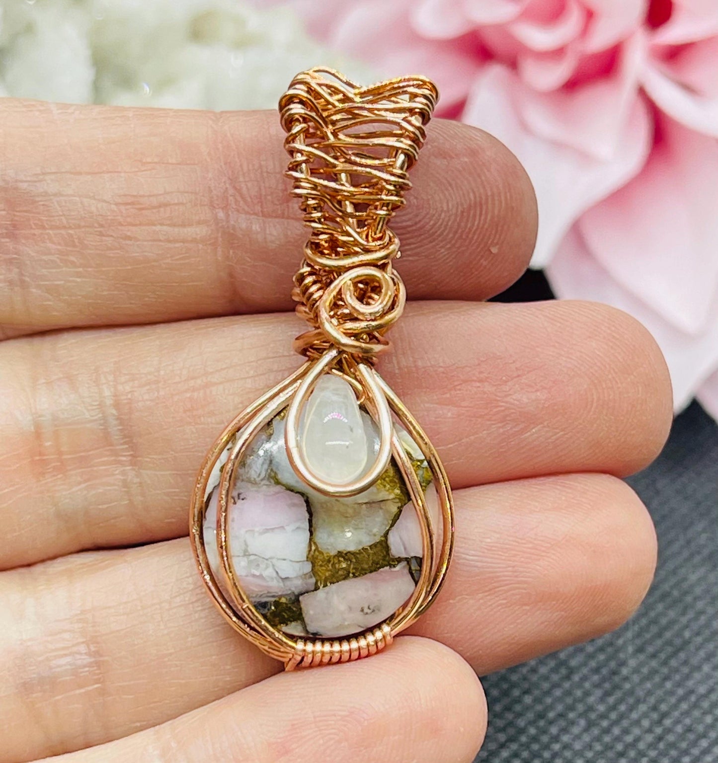 Peruvian Pink Opal with Bronze and Moonstone Crystal Pendant Wire Wrapped in Copper Jewelry Necklace Gift