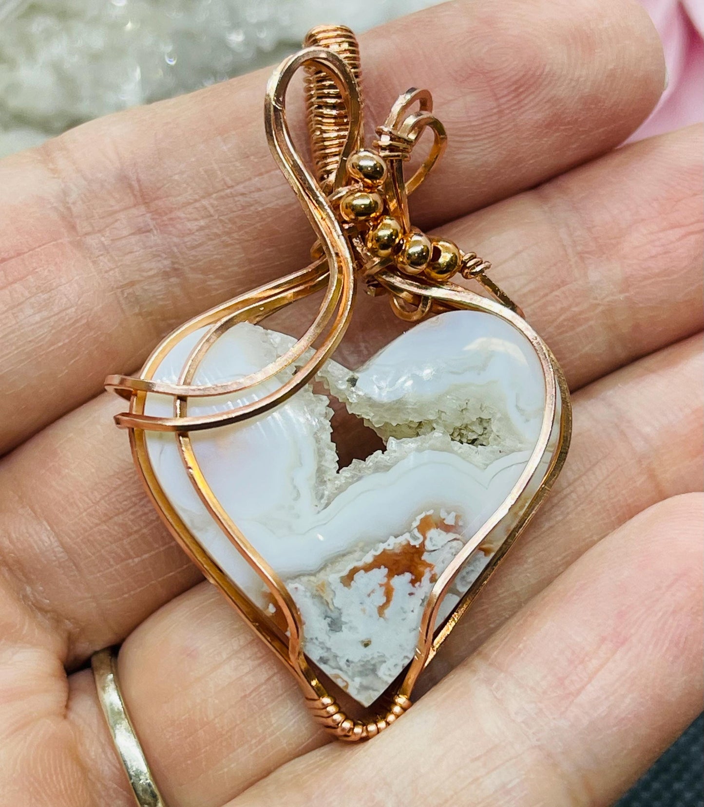 Cotton Candy Agate Druzy Heart Pendant in Copper Wire Wrapped Jewelry Necklace Gift Crystal RARE