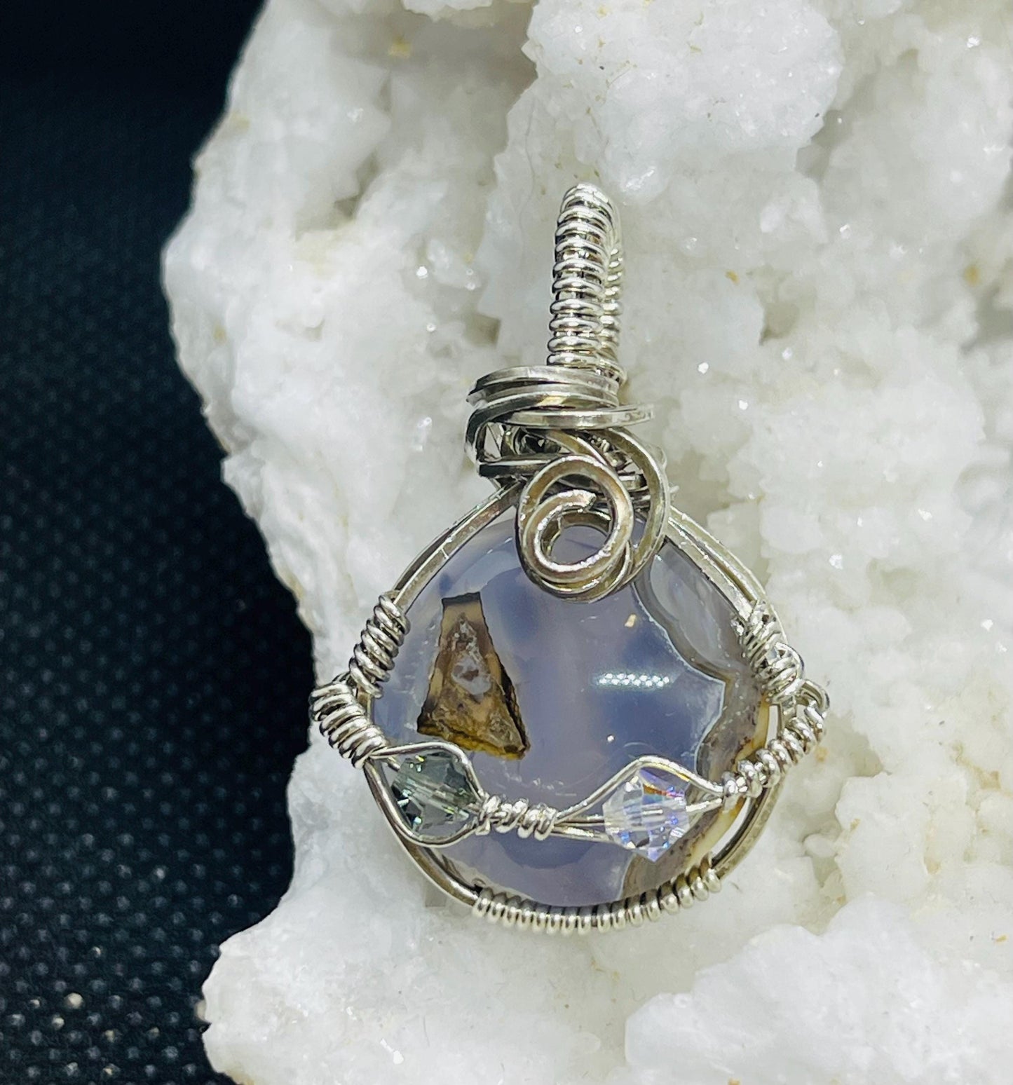 Handmade Blue Chalcedony Planet Sterling Silver Wire Wrapped Pendant with Swarovski Crystals Necklace Jewelry Gift