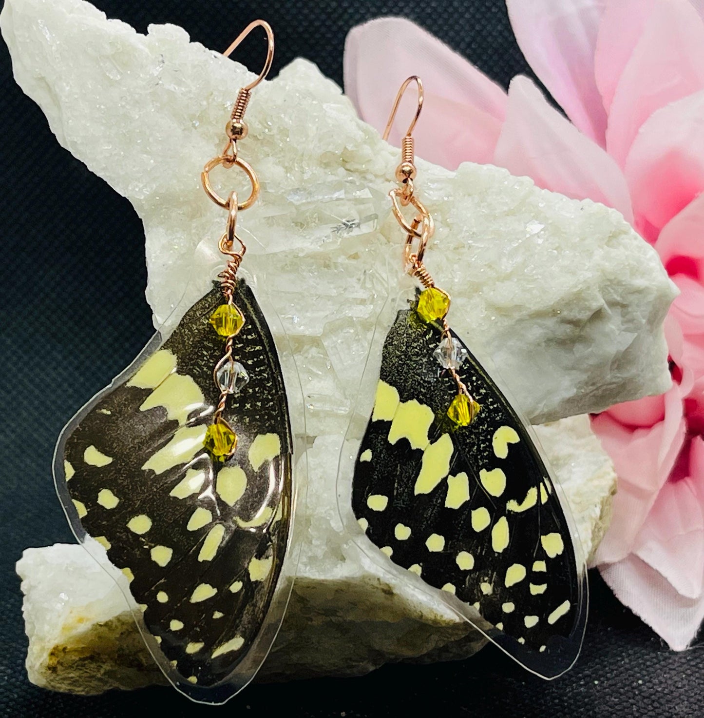 Real Butterfly Wing Earrings with Swarovski Crystal Accents Jewelry Black Yellow