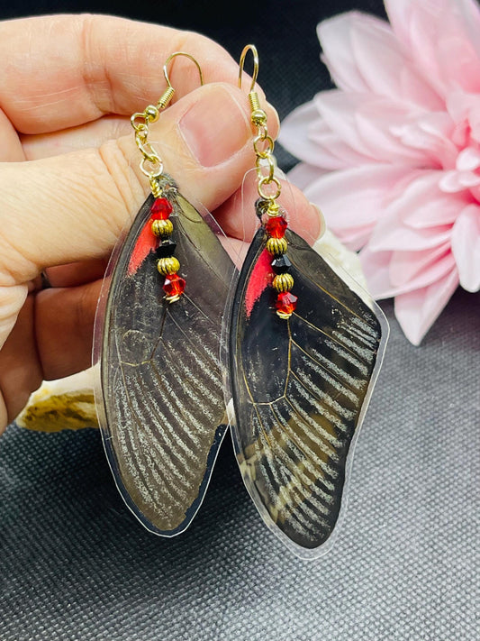 Real Butterfly Wing Earrings with Sparkle Bead Accents Jewelry Red Black