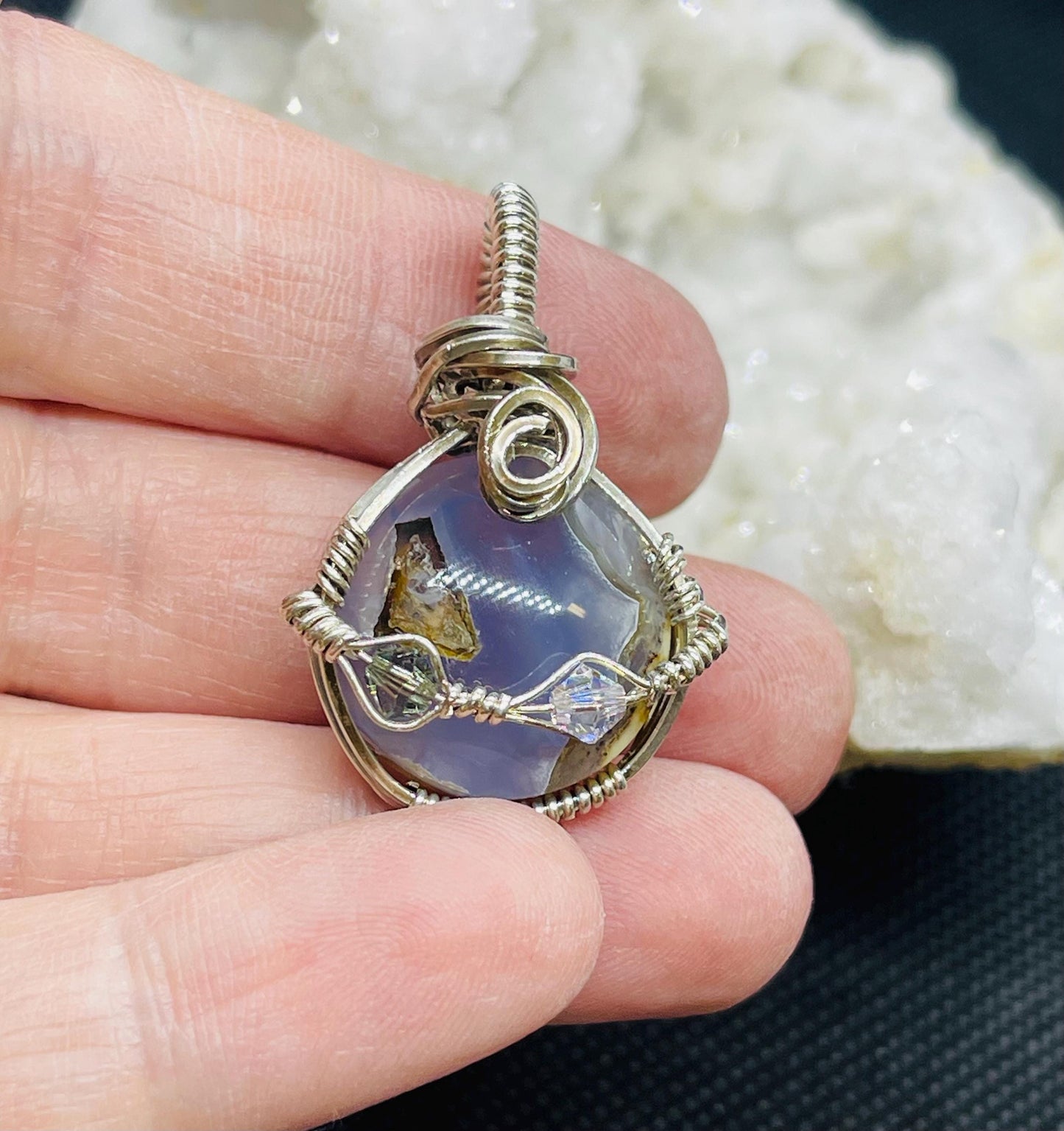 Handmade Blue Chalcedony Planet Sterling Silver Wire Wrapped Pendant with Swarovski Crystals Necklace Jewelry Gift