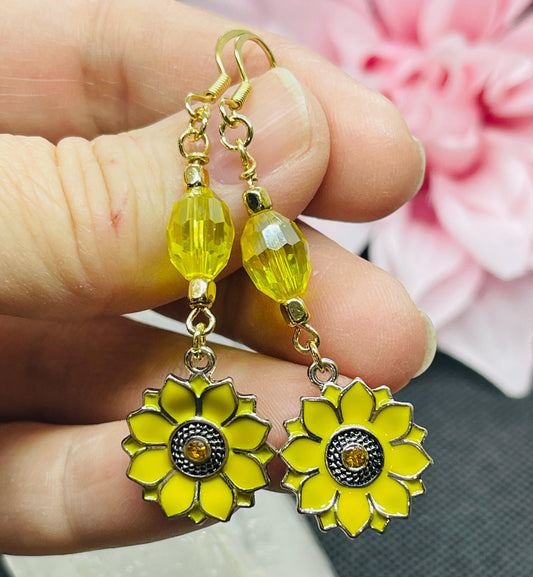 Sunflower Yellow Earrings with Crystals and Bead Accents Jewelry Gift Goldtone