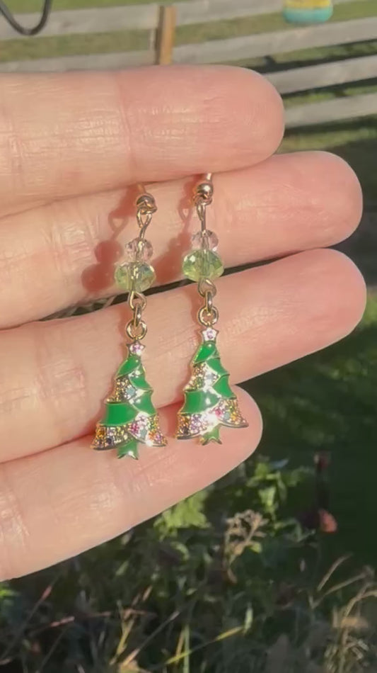 Christmas Tree Earrings with Faceted Glass Bead Accents