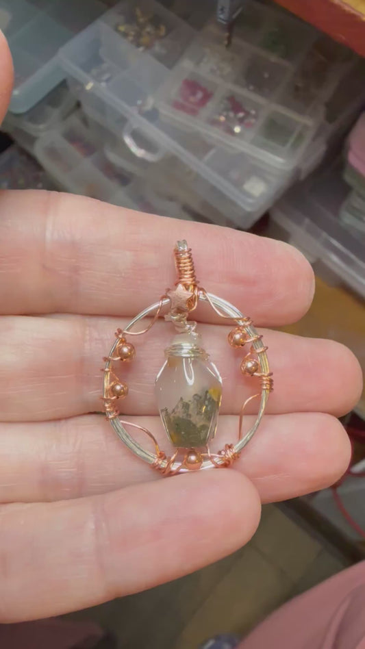 Graveyard Point Plume Agate Potion Bottle Wire Wrapped in Copper & Silver Tone w Star Jewelry Necklace