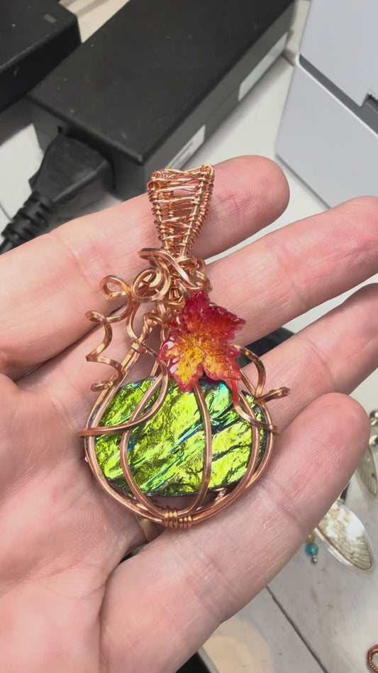 Titanium Coated Agate Pumpkin Wire Wrapped in Copper w Resin Leaf Accent Pendant Jewelry Necklace