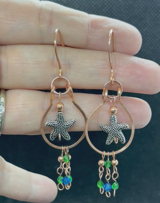 Copper Sea Star Chandelier Earrings Blue Green Ocean Gift Jewelry