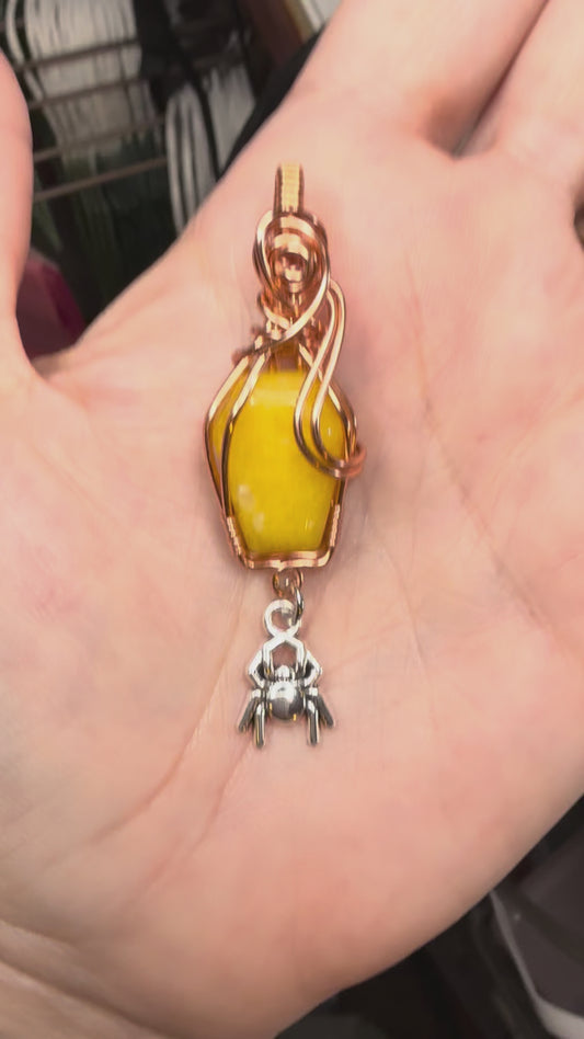 Mini Yellow Crystal Coffin Wire Wrapped in Copper w Spider Pendant Jewelry Necklace
