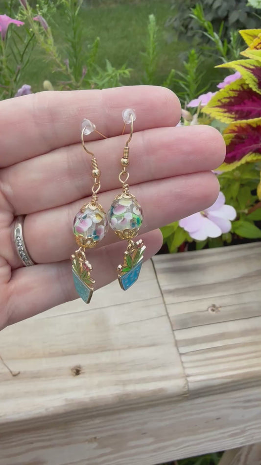 Playful Plant Earrings in Gold with Floral Accent Bead