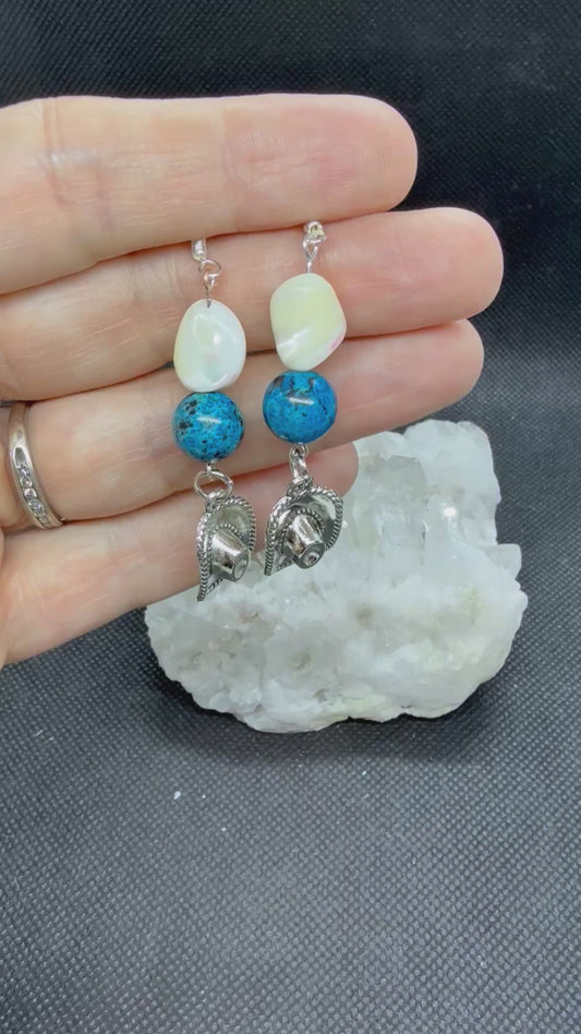 Cowboy Cowgirl Hat Earrings Silver w Blue & Shell Beads