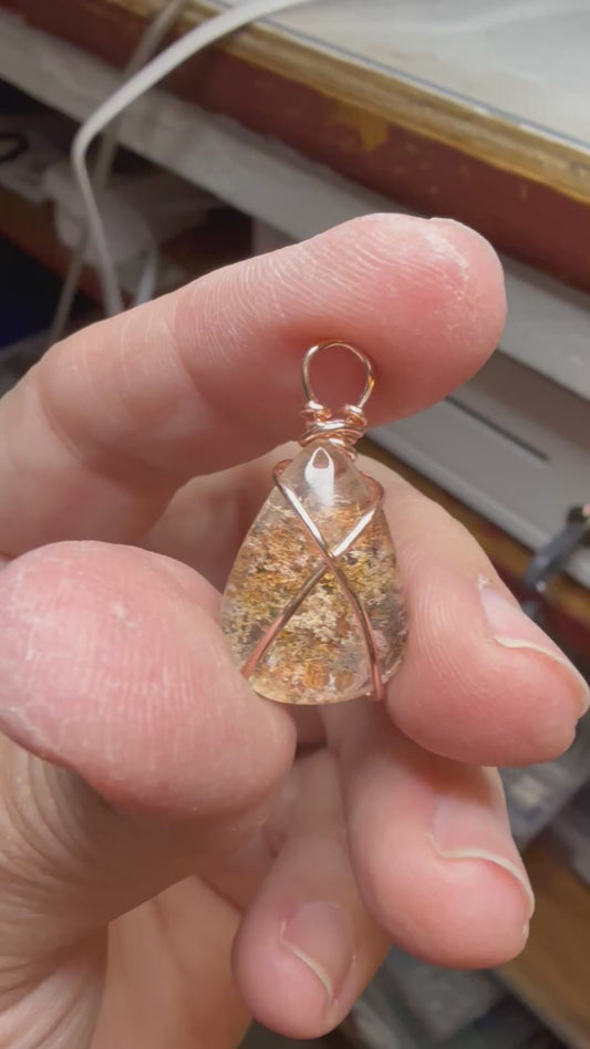 Garden Quartz Teardrop Wire Wrapped in Rose Gold Tone Jewelry Necklace Pendant