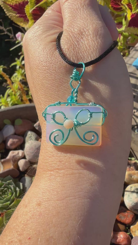 TS Inspired Pendant Opalite Wire Wrapped in Teal Coated Copper Wire with Glass Beads & Bow Necklace Jewelry