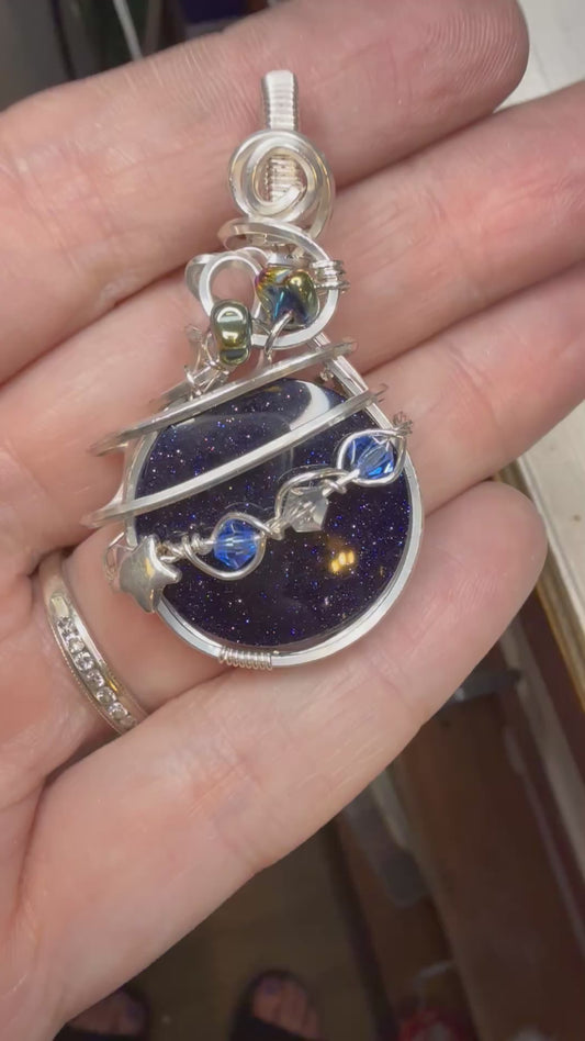 Blue Goldstone Planet in Sterling Silver w Star Pendant Jewelry Necklace