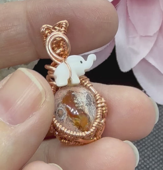 Mexican Fire Opal with Elephant Wire Wrapped in Copper Jewelry Necklace Pendant
