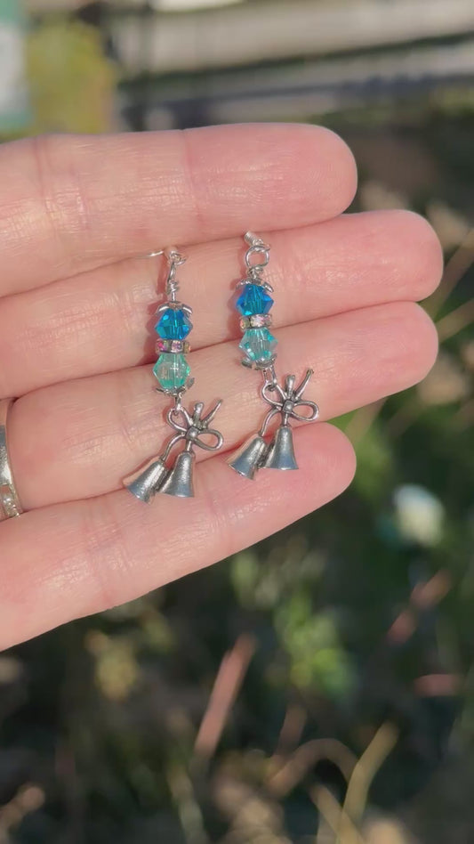 Bell Earrings with Blue Glass Beads in Silver