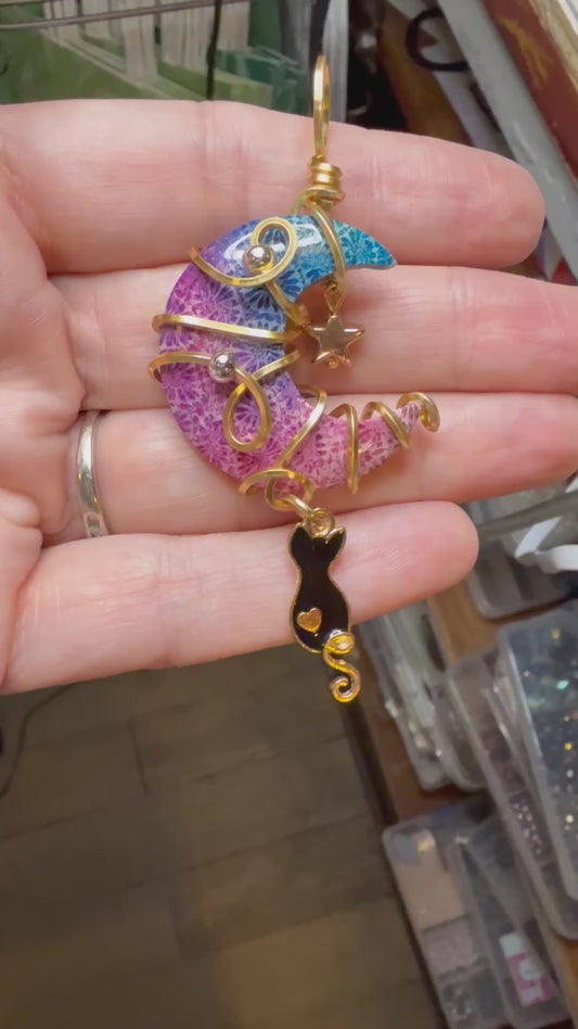 Rainbow Dyed Palm Root Crescent Moon Wire Wrapped in Gold Tone w Black Cat & Star Accents Jewelry Pendant Necklacr